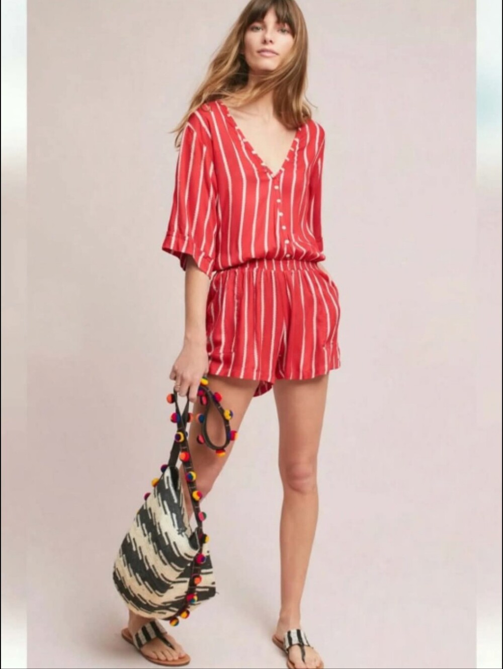 Anthropologie Beach Gold Womens Ancona Striped V-Neck Elastic Waist Romper Short